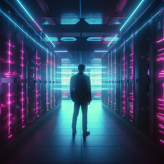 A man in a server room, a system administrator. neon light. AI generative.