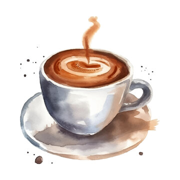 Vector watercolor cup of coffee, latte cappuccino espresso with heart, isolated on white background. Vector illustration hand drawn