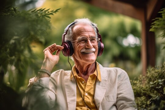 Lifestyle portrait photography of a glad old man listening to music with headphones against a botanical garden background. With generative AI technology