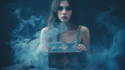 Background blue smoke, Sad girl holds the evil gift box of the gods , generative AI tools 