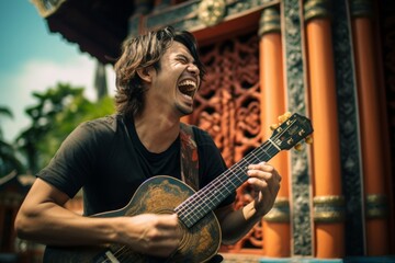 Medium shot portrait photography of a grinning boy in his 30s playing the guitar against a traditional asian temple background. With generative AI technology