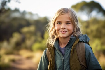 Medium shot portrait photography of a satisfied kid female walking against a national park background. With generative AI technology