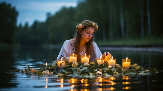  Fantasy girl mermaid nymph stands in water herbal wreath floa candles burning,holiday Ivan Kupala, generative AI tools 
