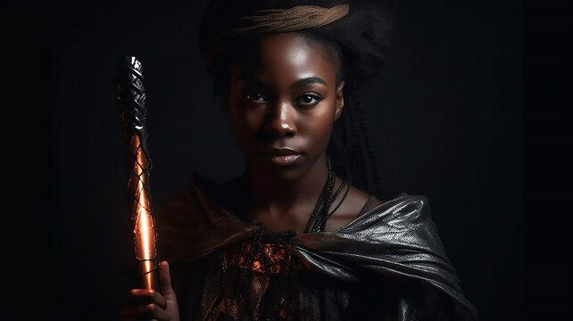 Warrior princess with a torch in her hand. Fantasy black queen portrait, , generative AI tools