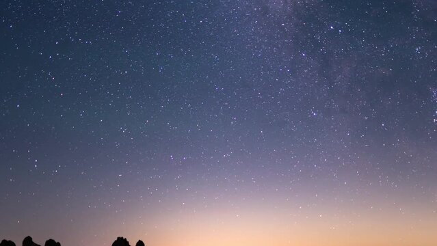 Astrophotography Milky Way Galaxy Over Trona Pinnacles 50mm South Southeast Sky Zoom In Purple Death Valley Region California USA Time Lapse