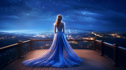 generative AI tools, Fantasy happy woman princess stands on balcony looks at night sky 