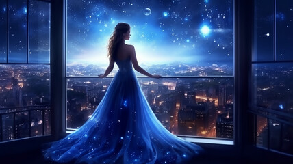 generative AI tools, Fantasy happy woman princess stands on balcony looks at night sky  