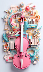 A pink violin sitting on top of a blue surface. Generative AI. - obrazy, fototapety, plakaty
