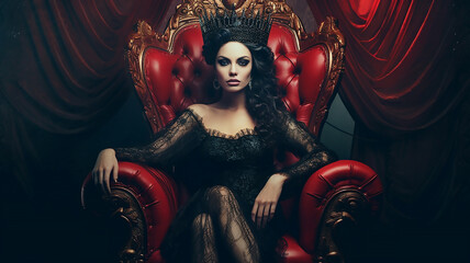 Fantasy dark evil queen sitting on throne, vampire princess, generative AI tools  - obrazy, fototapety, plakaty