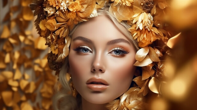 Fantasy portrait closeup woman with golden skin, lips, wreath gold roses, Elf fairy princess, generative AI tools  