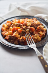 Beef Picadillo cooked with potatoes, carrots, olives and spices, from mexico.