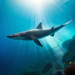 Fototapeta premium A breathtaking underwater scene with a majestic humpback whale gracefully swimming in a vibrant coral reef