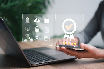 Business women people use smartphones with symbol of top service ISO Certification Document...