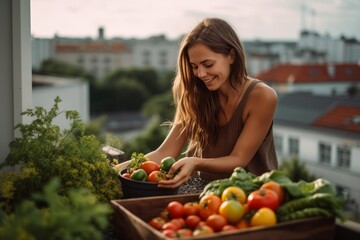 Lifestyle portrait photography of a satisfied girl in her 30s harvesting fruits or vegetables against a rooftop terrace background. With generative AI technology