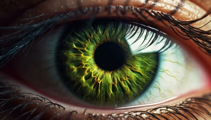 Hyper realistic close-up of a green eye in macro. A bright green sustainable future.