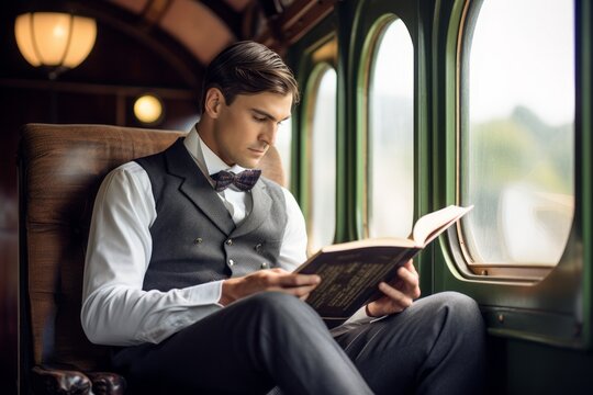 Lifestyle portrait photography of a satisfied boy in his 30s reading a book against a historic train background. With generative AI technology