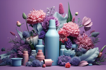 A bunch of perfumes and flowers with a bottle of perfume on the table 3d rendering