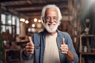Medium shot portrait photography of a grinning old man showing ok gesture against a spacious loft background. With generative AI technology
