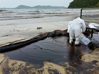 Samet Islands, Gulf of Thailand, Thailand - July 30th 2013: crude oil spill in the middle of the...