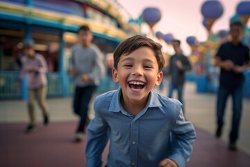 Environmental portrait photography of a joyful mature boy running against a crowded amusement park background. With generative AI technology