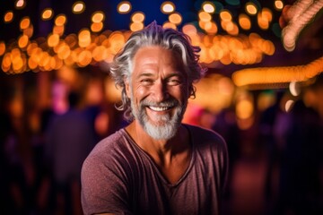 Fototapeta premium Medium shot portrait photography of a grinning mature man practicing yoga against a lively night club background. With generative AI technology