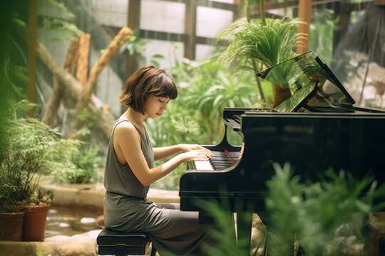 Medium shot portrait photography of a satisfied girl in her 30s playing the piano against a serene zen garden background. With generative AI technology