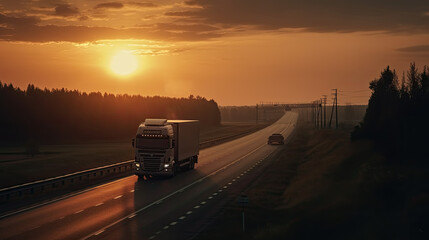 Fototapeta na wymiar a truck drives on a highway at sunset. transportation concept. Generative AI