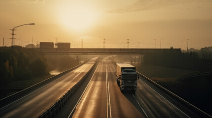 a truck drives on a highway at sunset. transportation concept. Generative AI