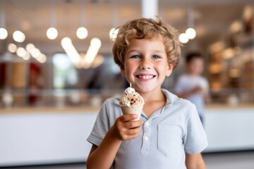 Medium shot portrait photography of a satisfied kid male eating ice cream against a peaceful yoga studio background. With generative AI technology