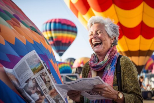Medium shot portrait photography of a grinning mature woman reading the newspaper against a colorful hot air balloon background. With generative AI technology