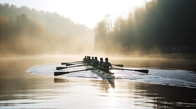 rowing team in in a rowboat on a lake or river at sunset. Generative AI