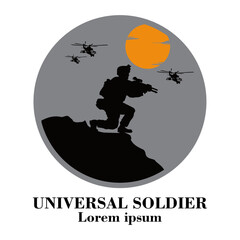 a lone soldier's silhouette, fighting on a hill, is in the center of the circle