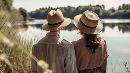 Obraz premium back view on a romantic couple at the lake in nature in summer. Generative AI