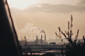 blurry shot of factory smokestacks, with pollution visible against the sky, created with generative ai