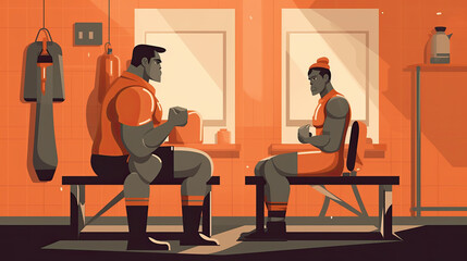 illustration of an athlete and his coach in the locker room. Generative AI