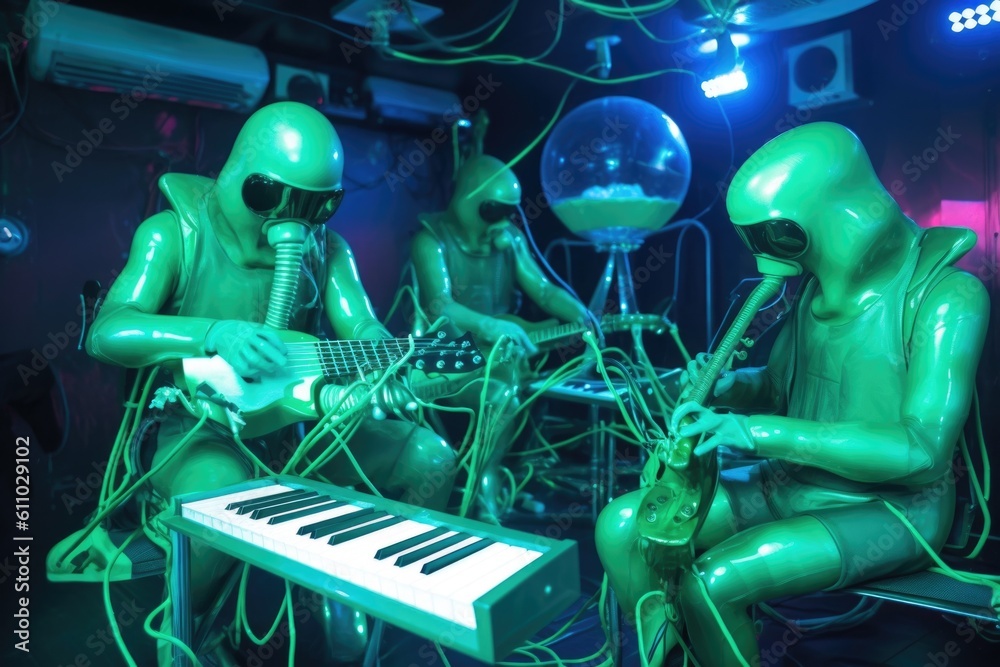 Wall mural alien musicians playing futuristic instruments at space concert, created with generative ai