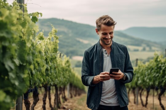 Medium shot portrait photography of a satisfied girl in her 30s using the mobile against a picturesque vineyard background. With generative AI technology