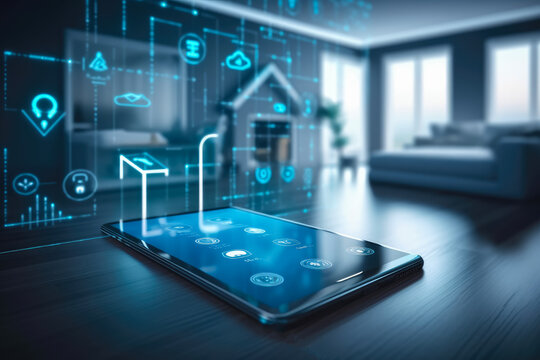 Modern smart home management system using augmented reality , Smart building with the application system , The smart home is isolated background , Created with generative AI