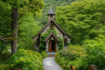 Fototapeta na wymiar peaceful chapel surrounded by lush greenery in the mountains, created with generative ai