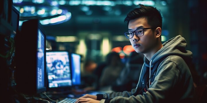 Handsome chinese male Software Developer in a modern office, radiating confidence with a subtle smile. Embodies expertise and innovation in the fast-paced tech industry. Generative AI