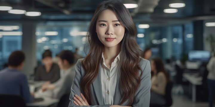 Sensual chinese female Software Developer in a modern office, exuding confidence with a slight smile. Represents expertise and creativity in the tech industry. Generative AI