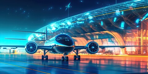 Obraz na płótnie Canvas Electric airplane in future airport: embodies contemporary electric transport. Sleek, eco-friendly design seamlessly blends with aviation. Generative AI
