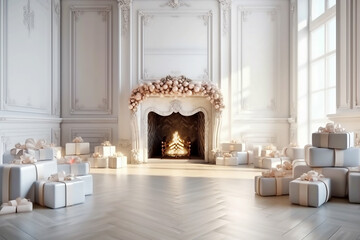 Christmas decoration and white gift boxes with bows in interior. Generative AI