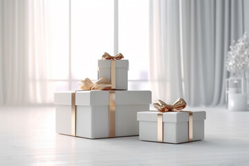 White gift boxes with golden bows in white interior. Generative AI