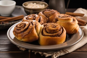 Obraz na płótnie Canvas plate of warm and cinnamon-scented rolls, perfect for cozy winter mornings, created with generative ai