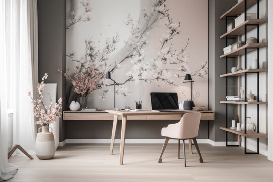 a stunning home office with a minimalist design, sleek furniture and inspiring floral prints, created with generative ai