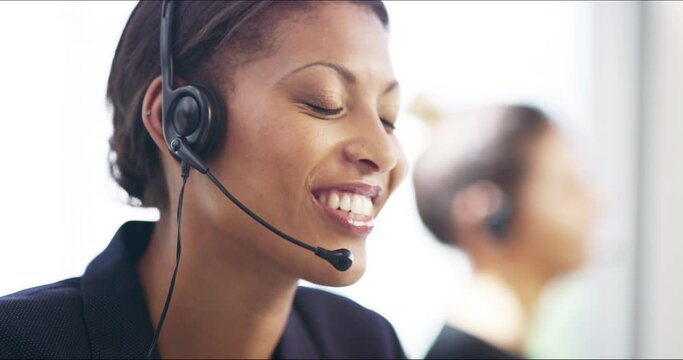 Woman, contact us and communication in a phone consultation with a smile in office. Call center, telemarketing and African female worker with customer service and web support help with advice