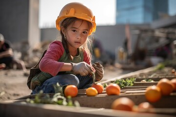Fototapeta premium Environmental portrait photography of a tender kid female harvesting fruits or vegetables against a busy construction site background. With generative AI technology