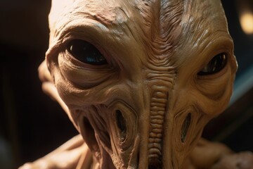 Obraz premium close-up of alien creature's face, with its strange features and expressions evident, created with generative ai