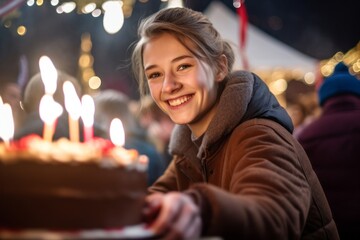 Obraz na płótnie Canvas Medium shot portrait photography of a satisfied girl in her 30s making a cake against a festive parade background. With generative AI technology